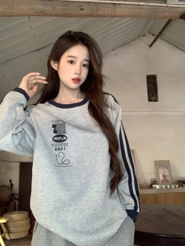 Real shot of Hong Kong-style and western-style autumn and winter style American trendy brand splicing printed ins loose round neck sweatshirt versatile top