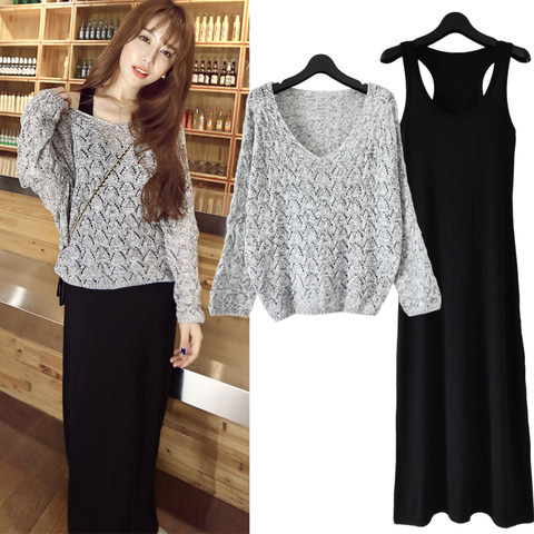Plus size women's long sleeve knitted suit skirt Korean style slim two piece dress long skirt