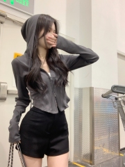 Actual shot of 2024 early autumn slim fit fishbone hooded double zipper design long-sleeved cardigan T-shirt top jacket