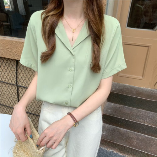 Summer new Korean style basic suit collar versatile solid color short-sleeved shirt tops for women