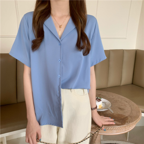 Summer new Korean style basic suit collar versatile solid color short-sleeved shirt tops for women