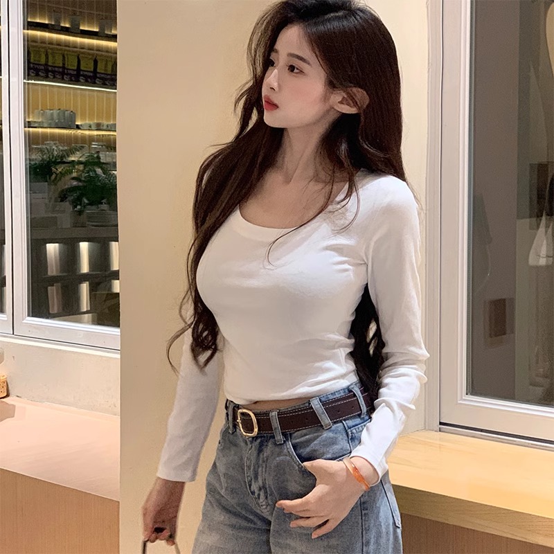 Real shot of autumn new Korean style hot girl slim fit U-neck exposed clavicle inner long-sleeved 220g T-shirt for women