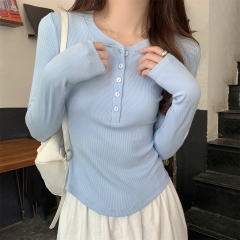 Real shot of early autumn new Korean style slim fit button design slim long-sleeved inner T-shirt top for women