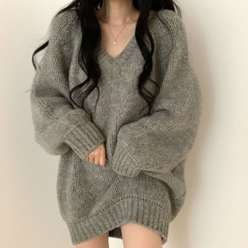 Autumn and winter loose outer wear pullover lazy style soft waxy gray sweater sweater top