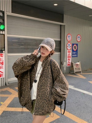 Real shot leopard print jacket 2024 new early autumn Hong Kong style niche loose drawstring zipper design BF jacket