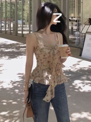 碎花荷叶边无袖吊带背心女夏季外穿设计感小众修身显瘦露锁骨上衣