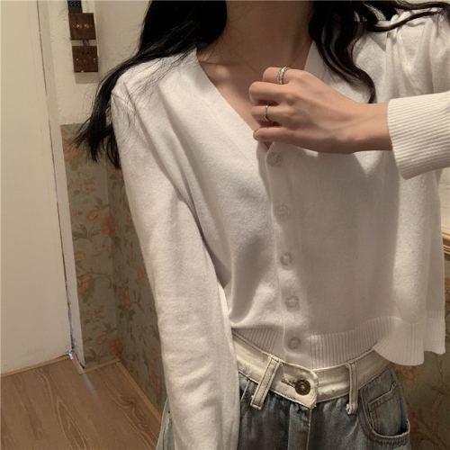 Real photo Real V-neck cardigan with long-sleeved small jacket short knitted sweater