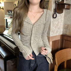 Real shot 2024 autumn Korean version single-breasted slim-fit hot girl slim design cardigan long-sleeved T-shirt women's top