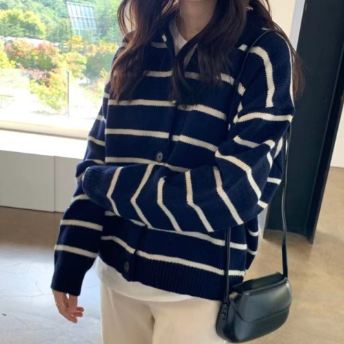 Korean chic autumn and winter retro style lapel single-breasted casual loose versatile striped knitted cardigan sweater for women