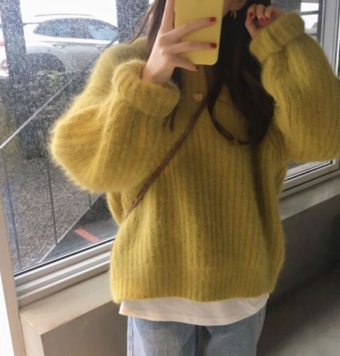 Lazy style thickened and very fairy style loose mink velvet outer wear small light mature knitted mohair sweater for women