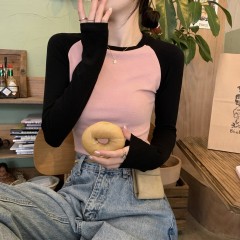 Actual shot of autumn Korean style slim fit contrasting color design short style inner long sleeve bottoming shirt women's T-shirt top