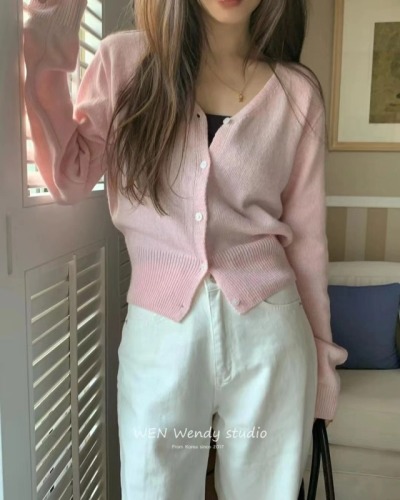 Korean version of the new 2024 early autumn short knitted bottoming shirt women's cardigan sweater jacket v-neck long-sleeved versatile top