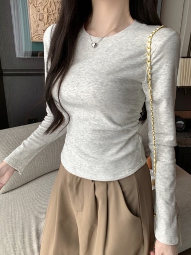 Real shot of new large size 40 count pure cotton 92 cotton/8 spandex 2024 autumn long-sleeved T-shirt women's waist top