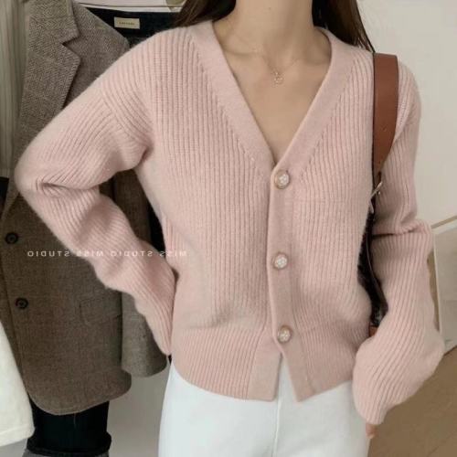 Spring new style soft milk blue niche design western style loose lazy style V-neck sweater jacket thick knitted cardigan for women