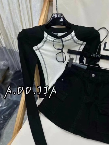 2024 Autumn Clothes Irregular Buttoned Round Neck Waist Long Sleeve T-Shirts for Hot Girls with Bottoming Shirts Trendy