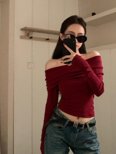 Retro one-shoulder long-sleeved female spring niche hot girl slim short bottoming shirt red inner top