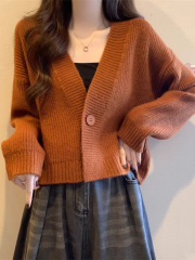 Korean autumn and winter lazy style slimming design niche long-sleeved short sweater v-neck knitted cardigan