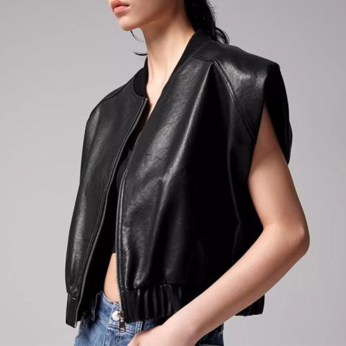 2024 Autumn and Winter Dongdaemun ins loose short waist sleeveless PU leather thick leather vest 7763