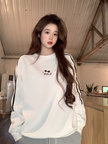 Actual shot of Japanese simple letter print versatile striped round neck sweatshirt for women retro loose versatile pullover top