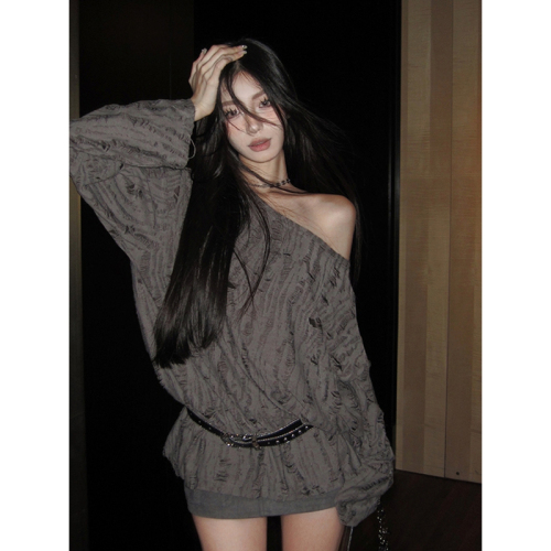 Original fabric Gray hole-out T-shirt long-sleeved loose lazy style one-shoulder blouse