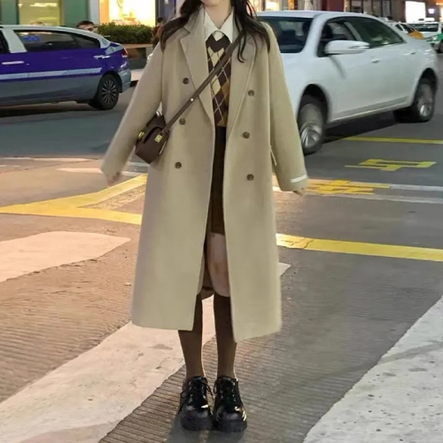 Woolen coat women's autumn and winter Hepburn style straight thickened cotton small over the knee mid-length oatmeal coat