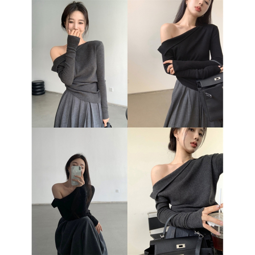 Ribbed velvet 2024 autumn sexy off-shoulder knitted bottoming shirt top T-shirt