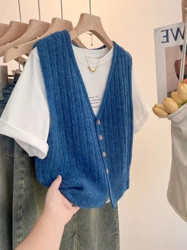 Retro v-neck knitted vest sleeveless sweater cardigan for women early spring layered waistcoat with high-end short top