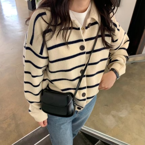 Korean chic autumn and winter retro style lapel single-breasted casual loose versatile striped knitted cardigan sweater for women