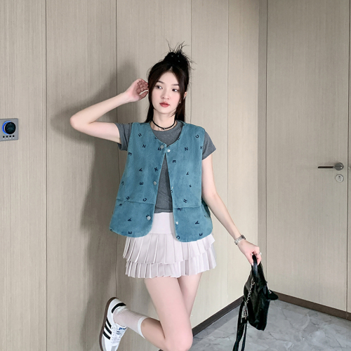 Real shot ~ Korean style vest jacket for women summer new loose outer wear sweet and spicy retro sleeveless top denim vest