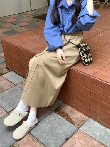 Real shot!  Army green workwear skirt for women Korean style high waist retro loose mid-length versatile slit skirt