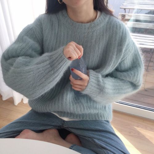 Lazy style thickened and very fairy style loose mink velvet outer wear small light mature knitted mohair sweater for women