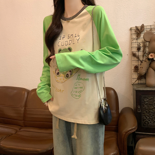 Actual shot of 2024 new autumn bear pattern printed raglan sleeves long-sleeved T-shirt loose casual versatile niche tops