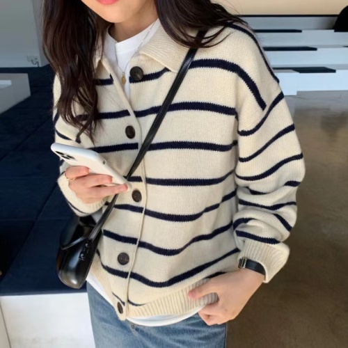 Korean chic autumn and winter retro style lapel single-breasted casual loose versatile striped knitted cardigan sweater for women