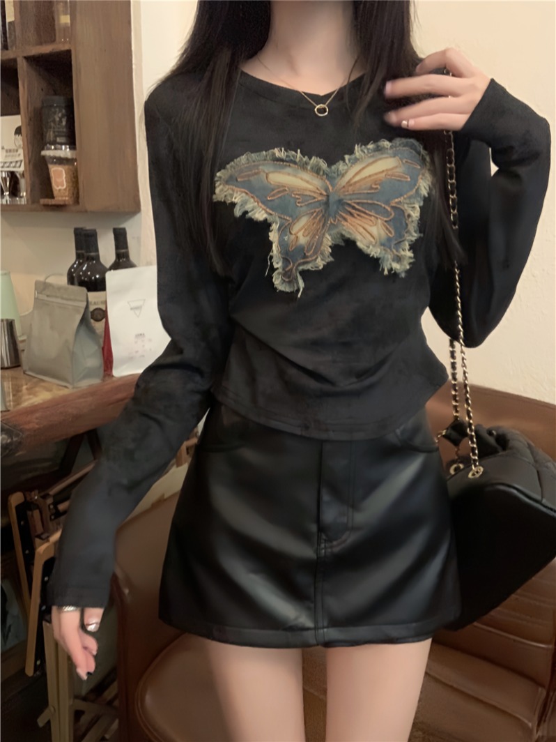 Real shot, real autumn tie-dyed denim patchwork butterfly design V-neck long-sleeved T-shirt