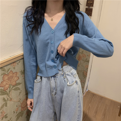 Real photo Real V-neck cardigan with long-sleeved small jacket short knitted sweater