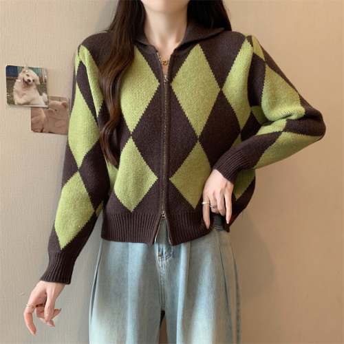 Actual shot ~ early autumn new large size casual rhombus double-headed zipper cardigan sweater