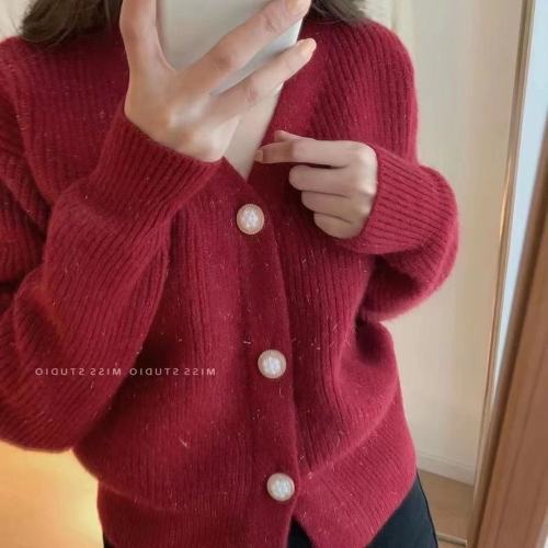 Spring new style soft milk blue niche design western style loose lazy style V-neck sweater jacket thick knitted cardigan for women