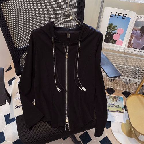 Original workmanship large size hooded double zipper irregular long-sleeved T-shirt bottoming shirt for women autumn fat MM right shoulder top