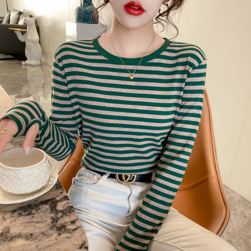 Colorful cotton striped long-sleeved T-shirt for women 2024 new pure cotton inner layering shirt spring and autumn