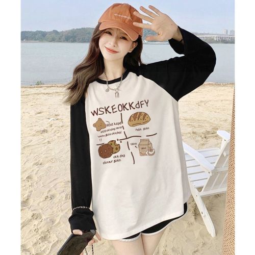 High quality pure cotton 200g 21 count combed precision printed autumn color matching long sleeve T-shirt for women