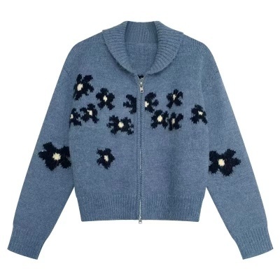 Korean design crochet zipper sweater 2024 winter retro versatile thick lapel jacket