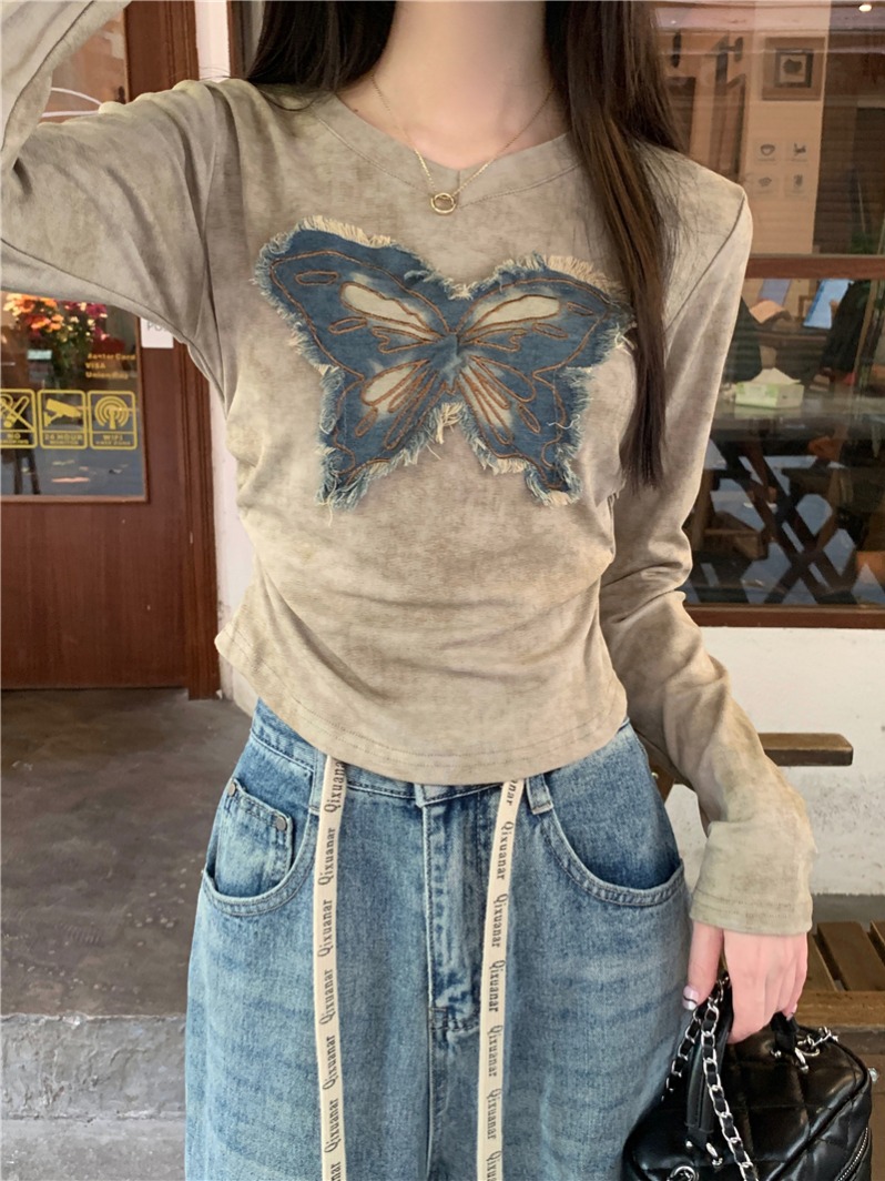 Real shot, real autumn tie-dyed denim patchwork butterfly design V-neck long-sleeved T-shirt for women