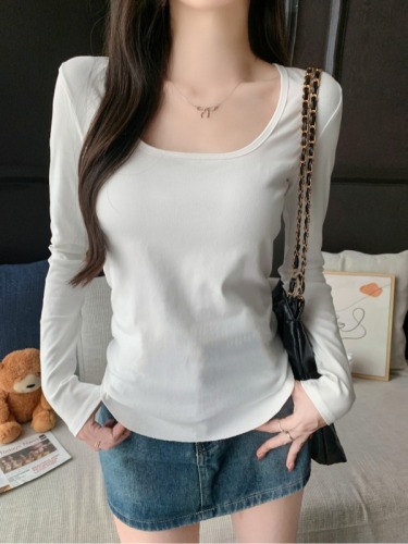 Actual shot of 2024 autumn long-sleeved T-shirt for women with U-neck waist