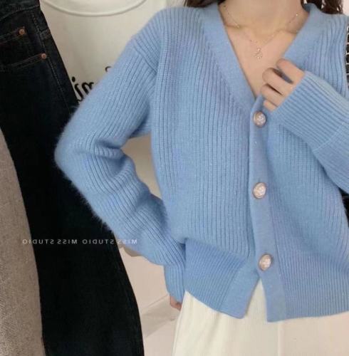 Spring new style soft milk blue niche design western style loose lazy style V-neck sweater jacket thick knitted cardigan for women