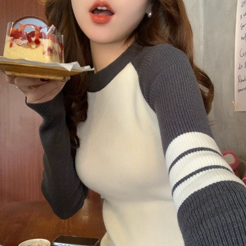 Women's Round Neck Knit Top 2024 Early Autumn New Color Block Striped Shoulder-Sleeve Crew Neck Sweater Autumn/Winter Layering T-shirt