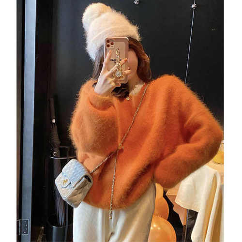 Raccoon velvet orange sweater for women in autumn and winter new fashionable and chic high-end soft waxy top