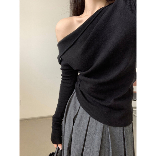 Ribbed velvet 2024 autumn sexy off-shoulder knitted bottoming shirt top T-shirt