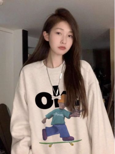 Fully matte and non-pilling imitation cotton Chinese cotton composite milk silk 310g silver fox velvet 400g round neck sweatshirt for women