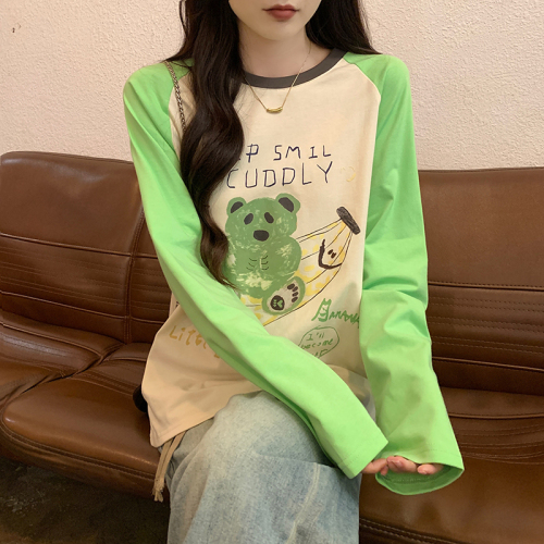 Actual shot of 2024 new autumn bear pattern printed raglan sleeves long-sleeved T-shirt loose casual versatile niche tops