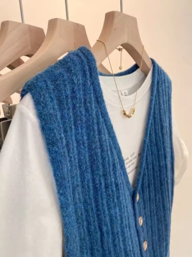 Retro v-neck knitted vest sleeveless sweater cardigan for women early spring layered waistcoat with high-end short top